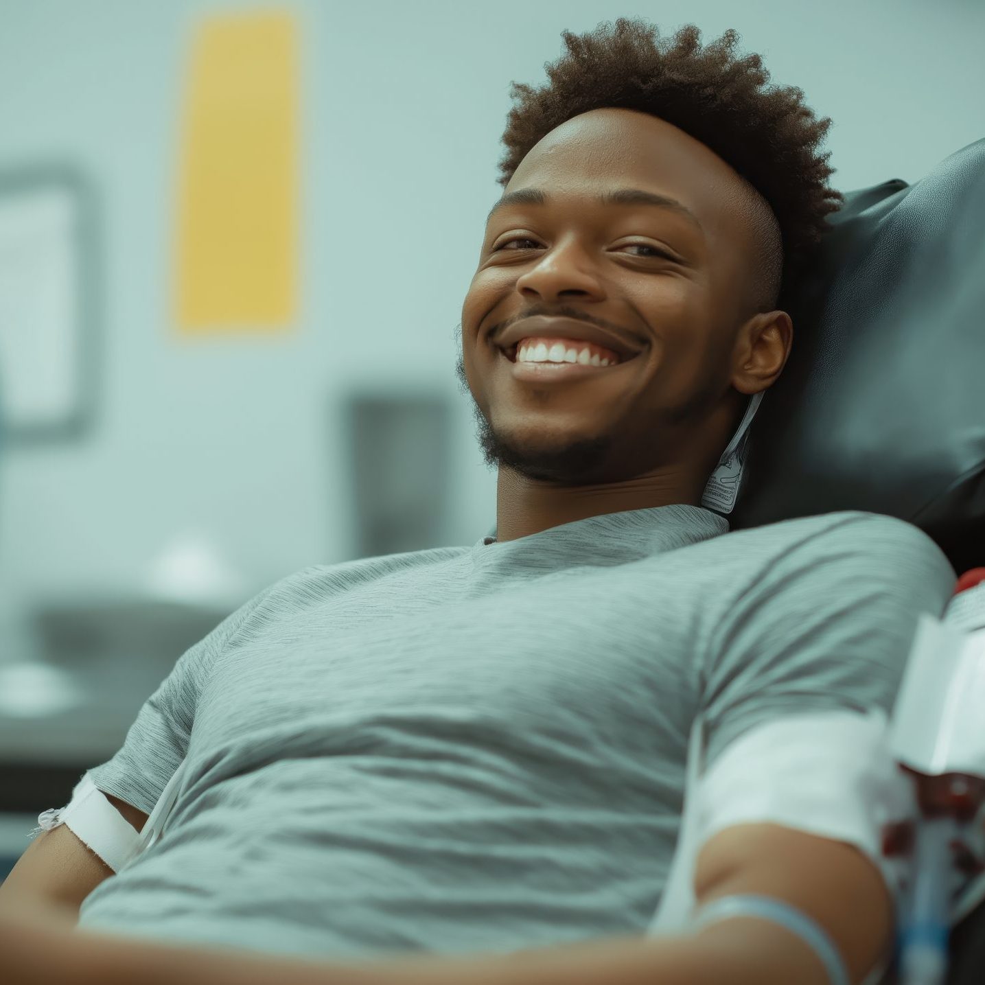 A man donates blood for people in need. Blood donors of the floor sit in the chairs of the clinic during the blood transfusion process.