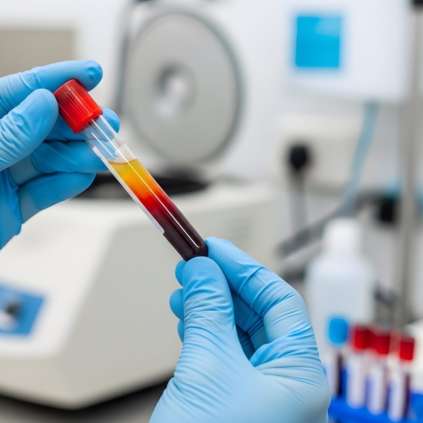 Laboratory Technician Examining Separated Blood Components in a Test Tube, showcasing distinct layers of plasma, buffy coat, and red blood cells.